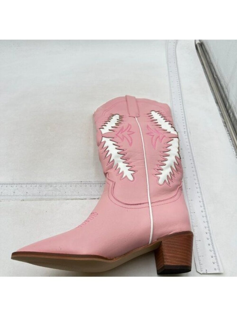 Womens Pointed Toe Casual Boots Mid Calf Low Heel Western Boots Pink White